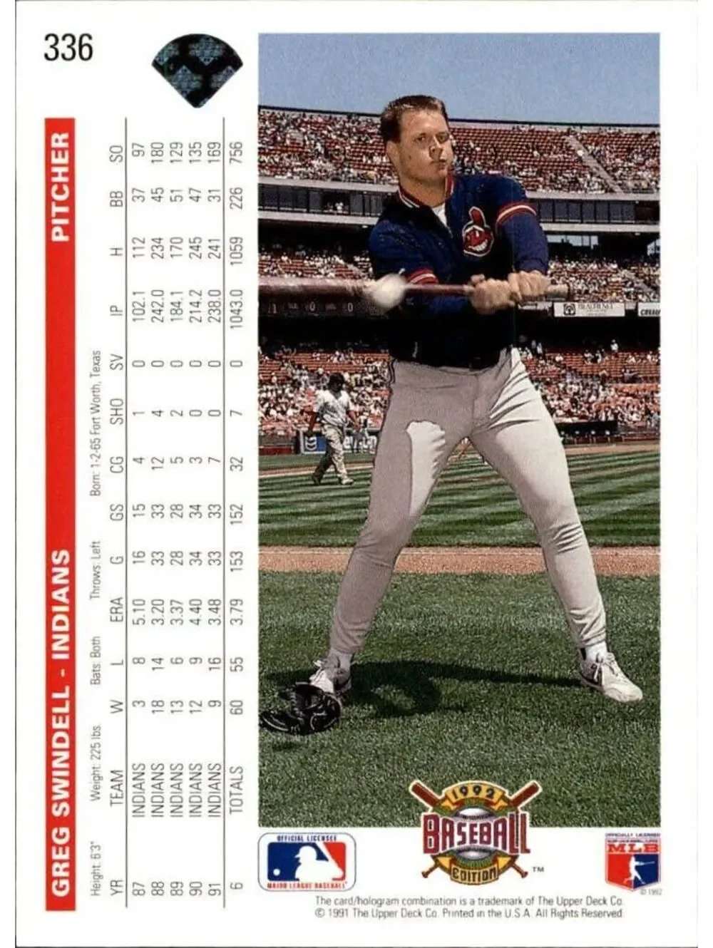 Greg Swindell 1992 Upper Deck MLB #336 Baseball Card Cleveland Indians